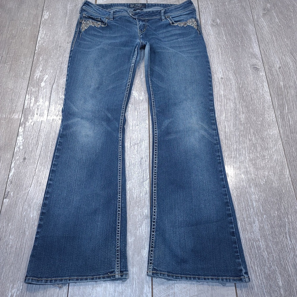 Silver Jeans Tuesday Jeans Womens 34x33 Blue Bootcut Embroidered Rhinestone